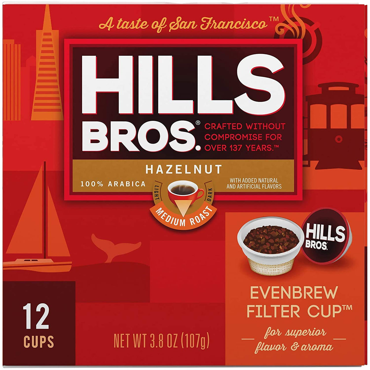 Hills Bros Single Serve Coffee Pods, Hazelnut, Medium Roast, 12 CountKeurig Compatible, Roasted 100% Arabica Coffee, Slightly Sweet and Nutty Flavo