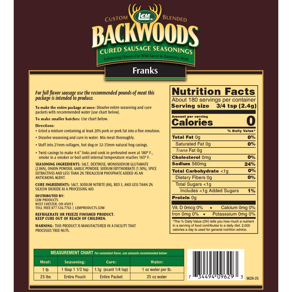 LEM Backwoods Cured Sausage Seasoning with Cure Packet, Franks