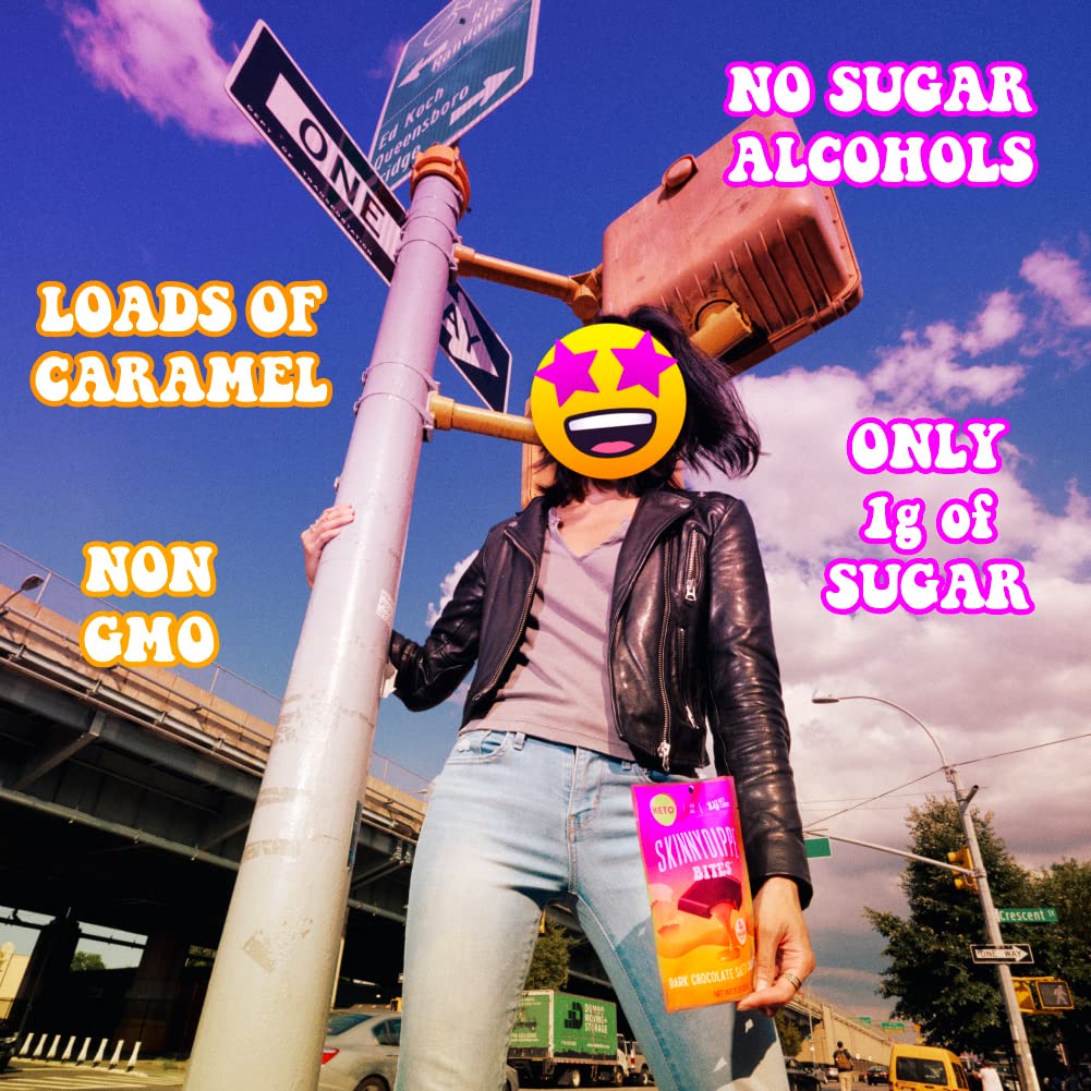 SkinnyDipped Dark Chocolate Salted Caramel Bites, 1g Sugar per Piece, Keto Friendly, No Palm Oil, Gluten Free, 4 Pack