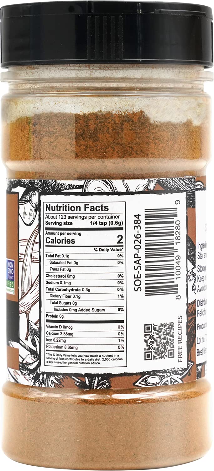 Soeos Chinese Star Anise Powder 2.6 oz (74g), Ground Chinese Star Anise Seeds, Dried Anise Star Spice, Star Anise Bulk, Anise Star. Non-GMO Verified, Great for Baking and Tea, Anis Estrella., Brown