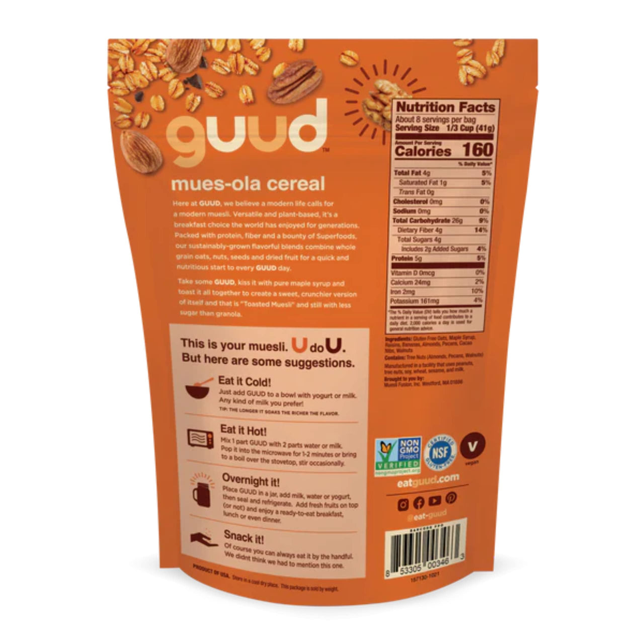 GUUD Nutty Cacao Toasted Muesola Cereal, 12 Ounce, Slightly Sweet Muesli, Gluten Free, Oats, Raisins, Bananas, Almonds, Pecans, Cacao Nibs, Walnuts, Vegan, Non-GMO Certified, Kosher