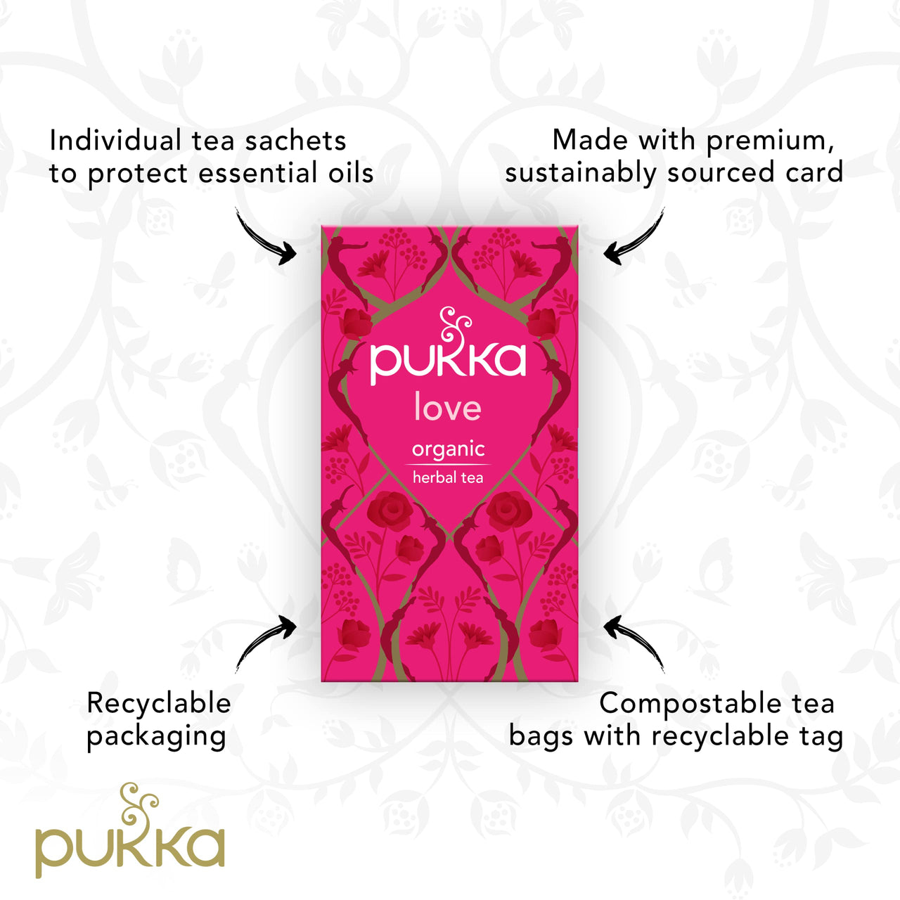 Pukka Organic Tea Bags Gift Set, Love Herbal Tea with Chamomile, Rose and Lavender, 20 Count (Pack of 3) 60 Tea Bags