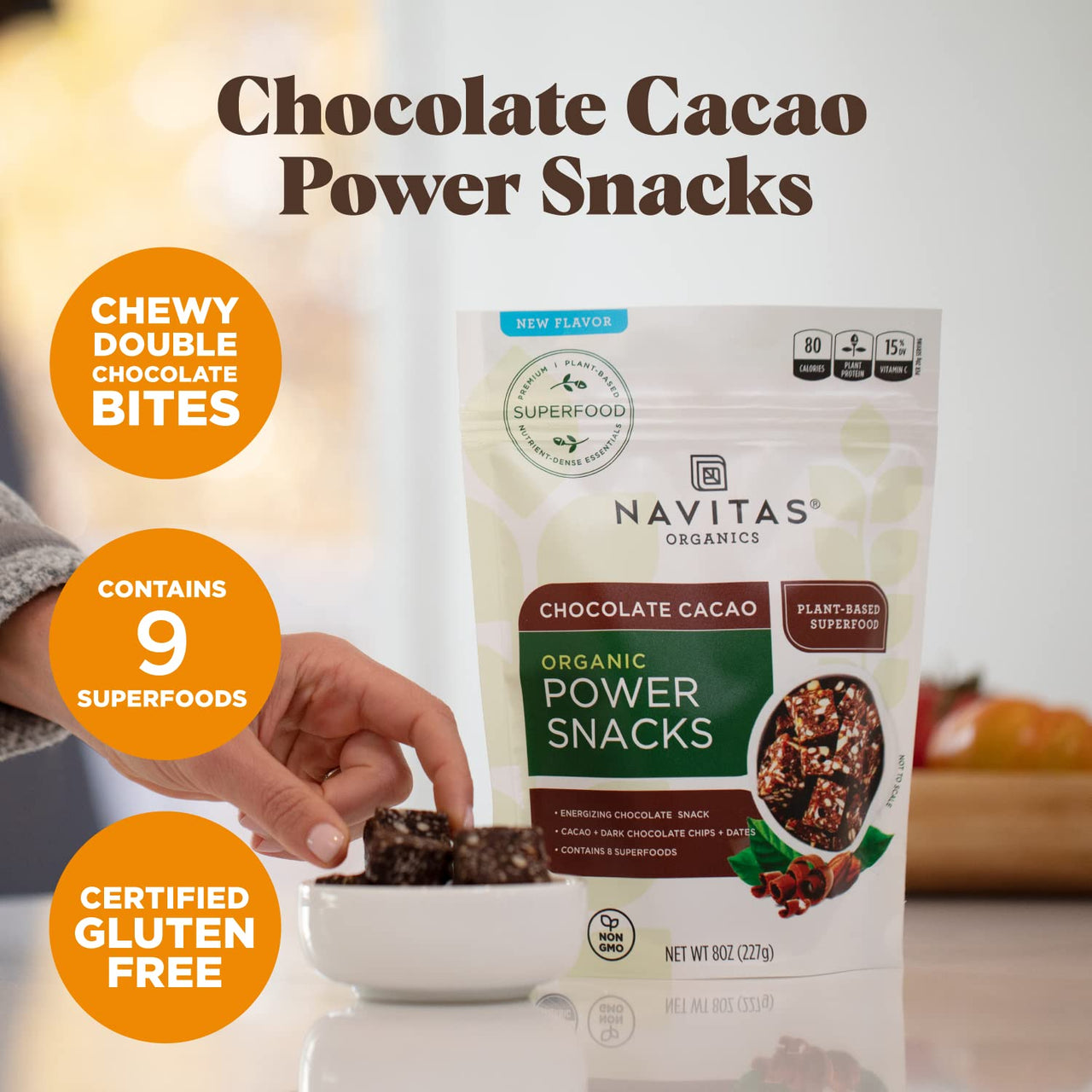Navitas Organics Superfood Power Snacks, Chocolate Cacao, 8 oz. Bag, 11 Servings  Organic, Non-GMO, Gluten-Free