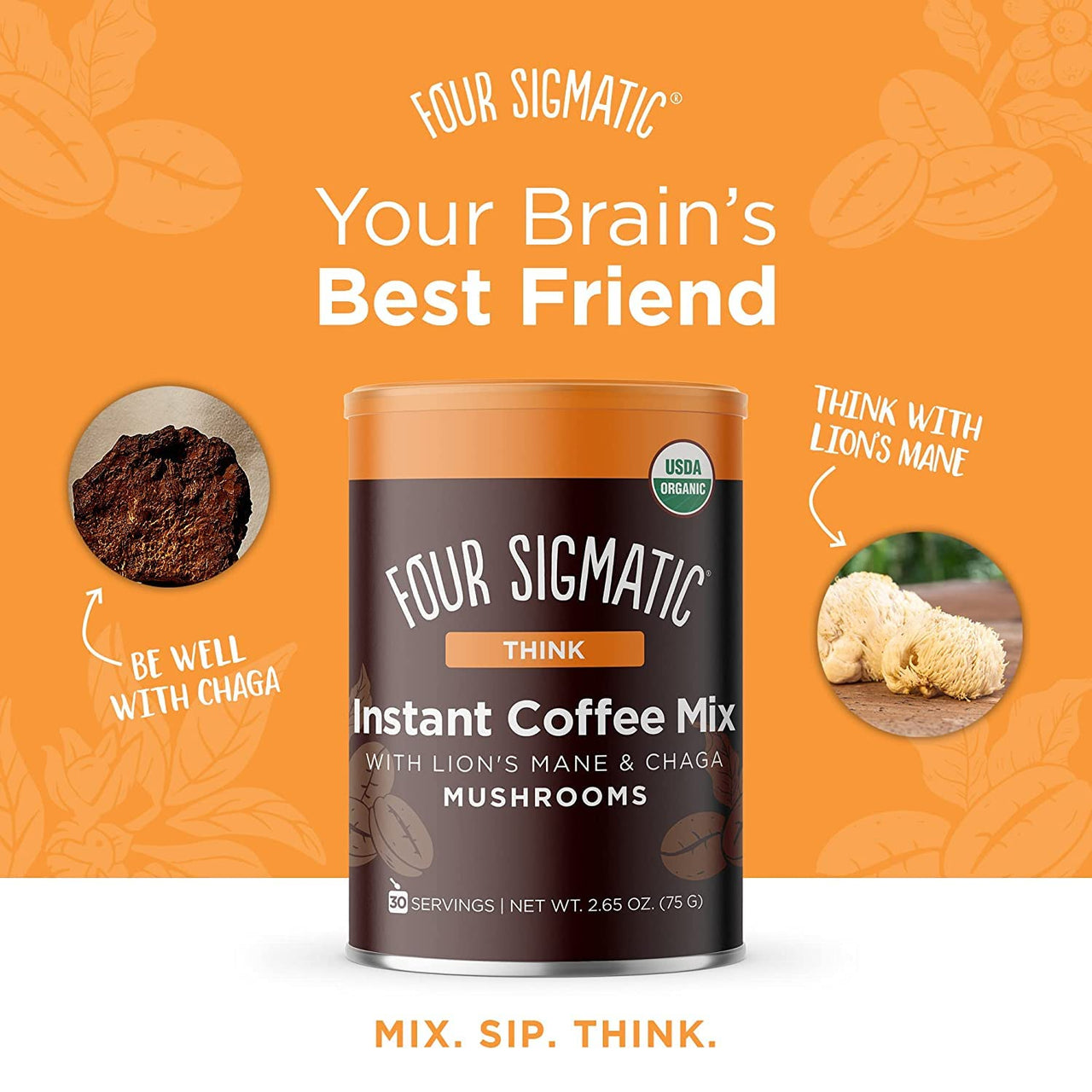 Organic Instant Coffee Powder by Four Sigmatic | Arabica Instant Coffee with Lion's  Mane, Chaga and Rhodiola | Mushroom Coffee Instant Mix for Better Focus and Immune Support | 30 Serving Canister