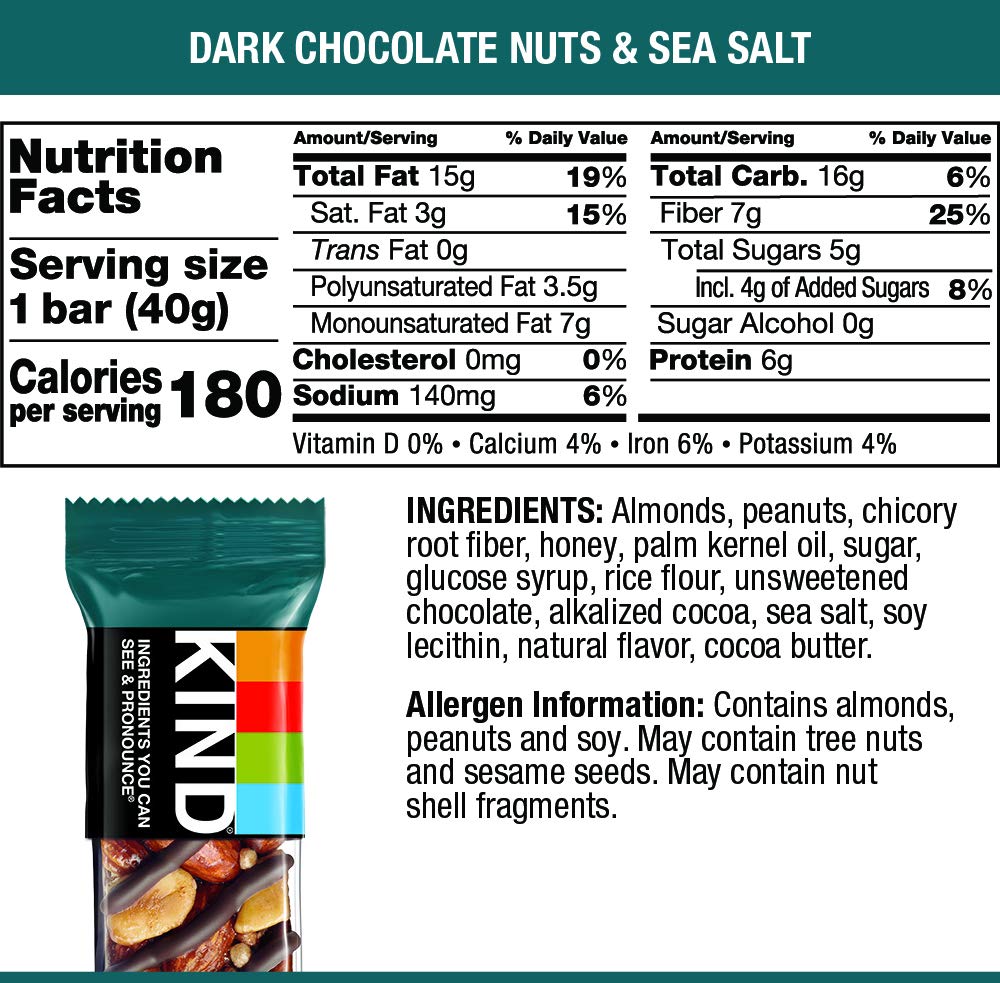 KIND Bars, Dark Chocolate Nuts & Sea Salt, Healthy Snacks, Gluten Free, Low Sugar, 6 Count