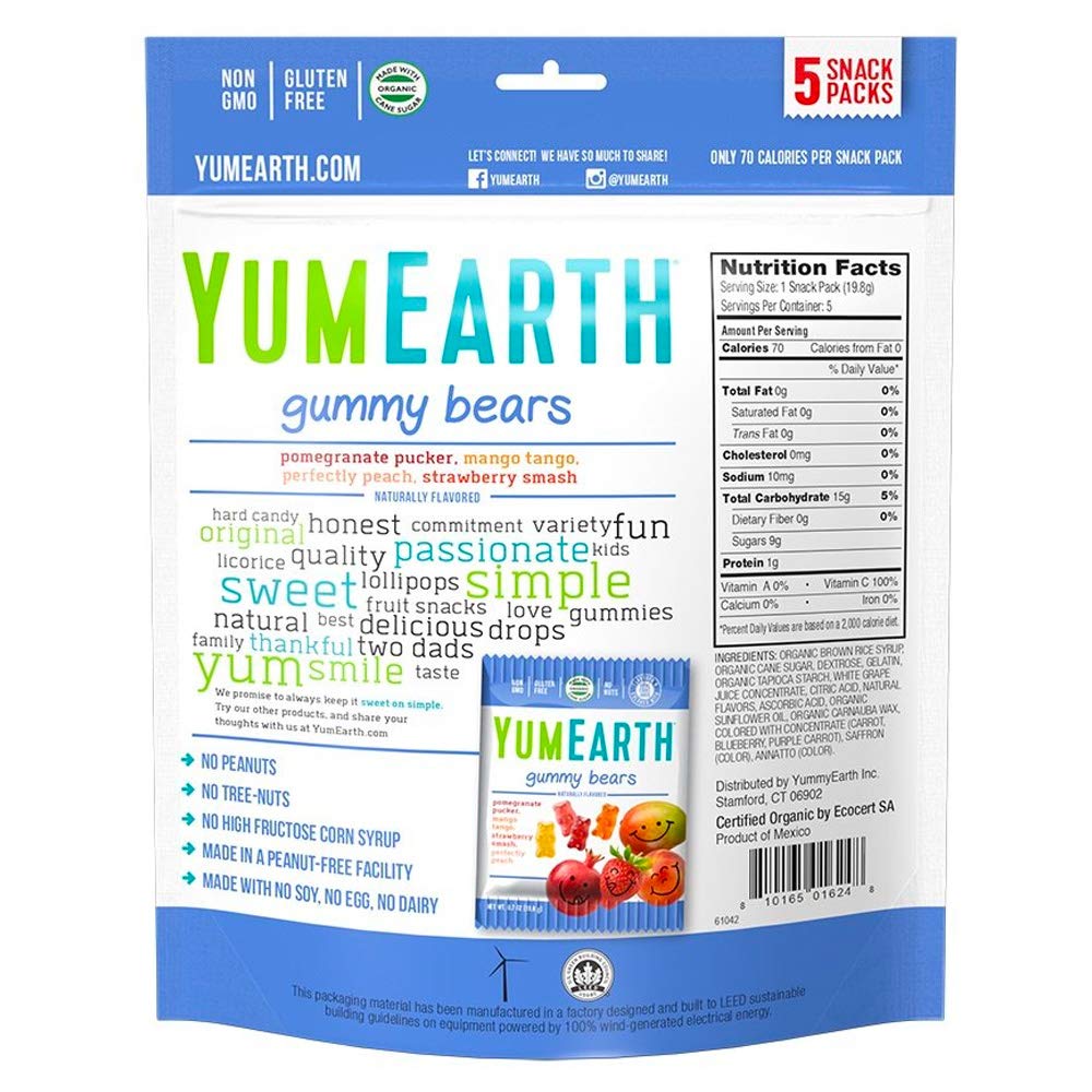 YumEarth Gluten Free Gummy Bears, Assorted Flavors, 99 grams, 5 Snack Packs Per Bag