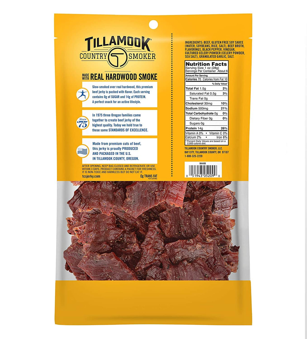 Tillamook Country Smoker Keto Friendly Zero Sugar Beef Jerky, Black Pepper, 6.5 Ounce