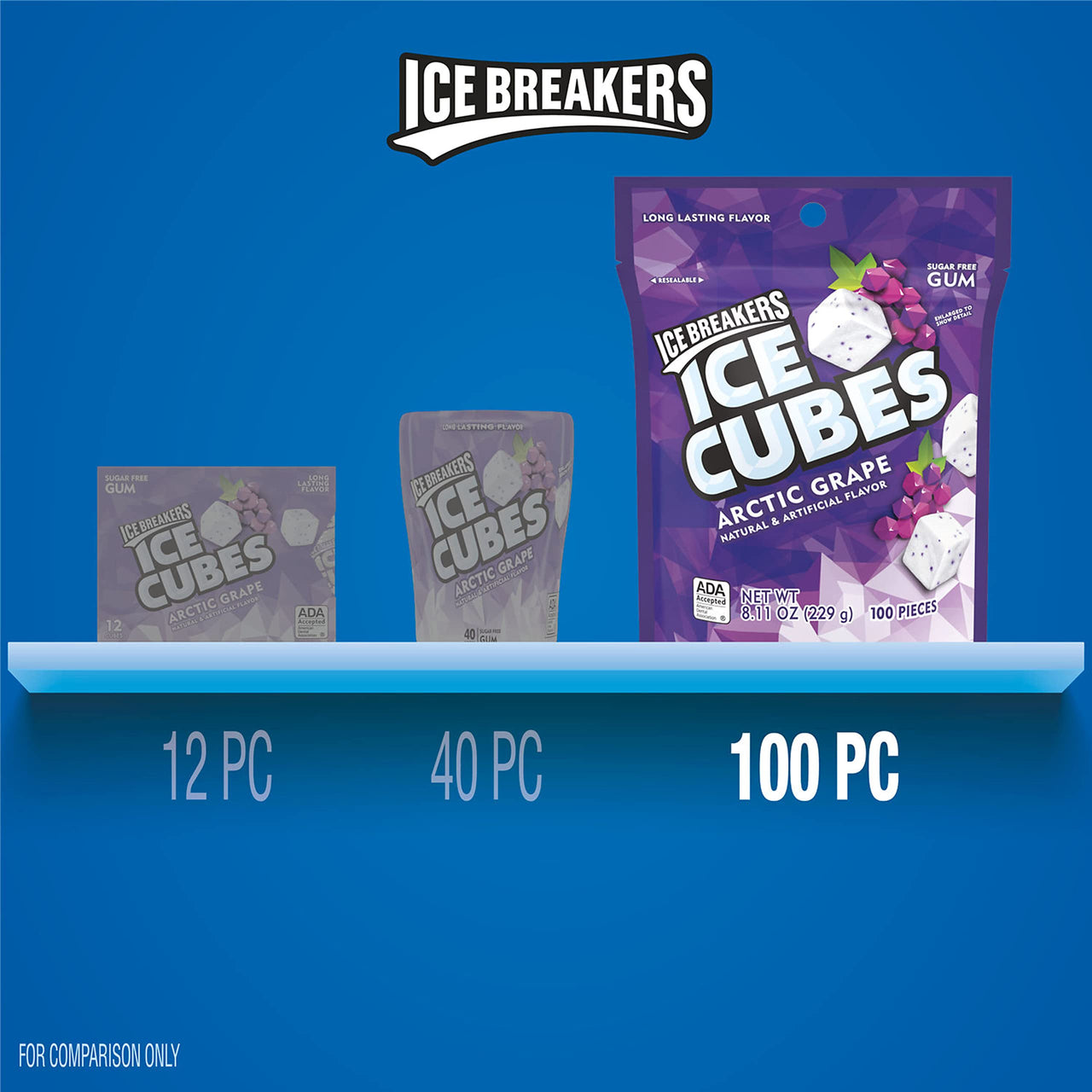ICE BREAKERS ICE CUBES ARCTIC GRAPE Fruity, Made with Xylitol, Sugar Free Chewing Gum Pouch, 8.11 oz (100 Pieces)
