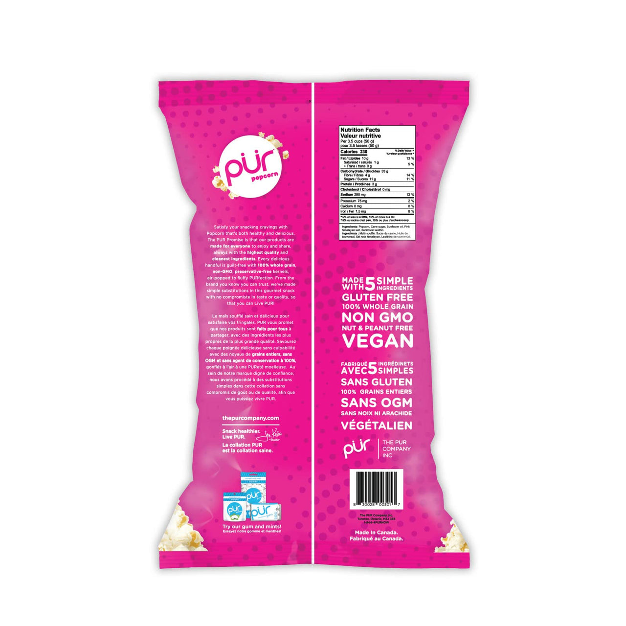 PUR Popcorn | 100% Whole Grain Snack | Nut & Peanut Free, Vegan, Non-GMO & Gluten Free | Sweet & Salty Flavored Popcorn (Pack of 1)