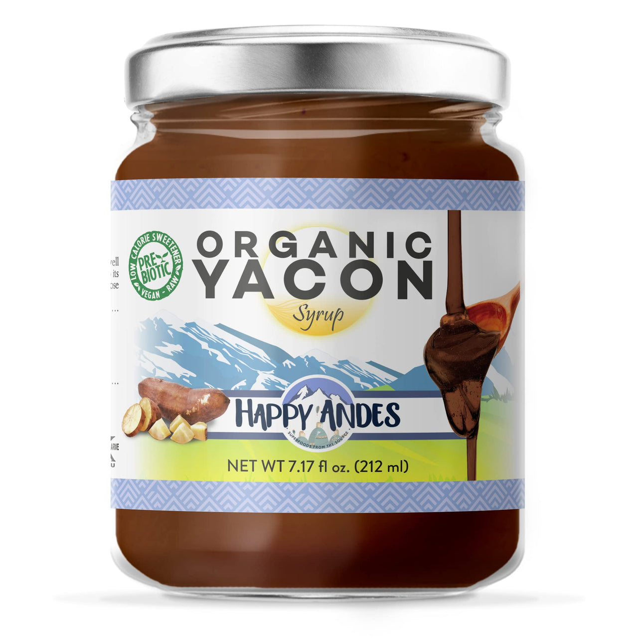 Happy Andes Organic Yacon Syrup oz. 100 Vegan Raw LowCalorie Peruvian Sweetener Sugar Substitute for Blood Glucose Control Healthy GlutenFree NonGMO Natural Prebiotic Superfood, honey, 7.17 Fl Oz