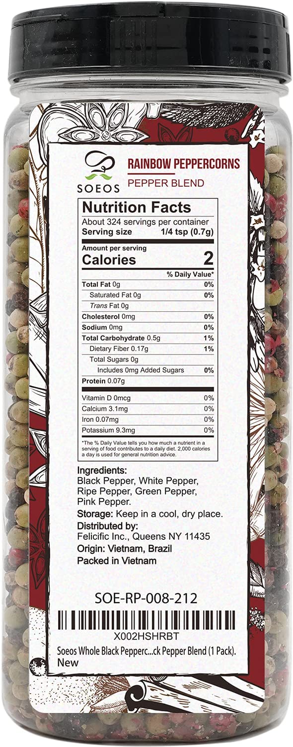 Soeos Rainbow Peppercorns, 8oz (Pack of 1), Mixed Peppercorns, Five Peppercorns Blend, Whole Black, White, Ripe, Green and Pink Pepper, Peppercorn for Grinder Refill