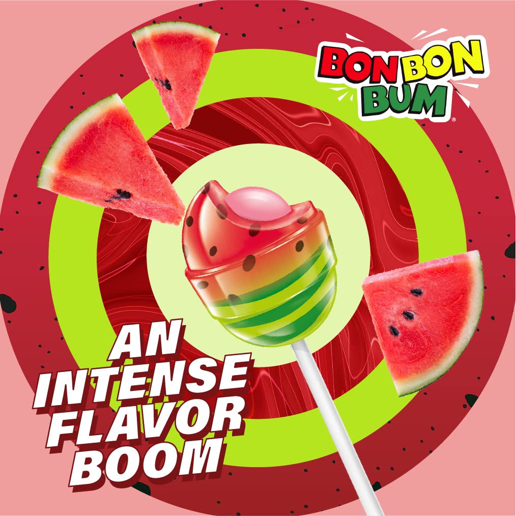 Colombina Bon Bon Bum Lollipops w/Bubble Gum Center - Watermelon Candy Flavor, Pack of Individually 24 Wrapped Gluten Free Pops, Ideal for Party Favors and Gifts, 14.4 oz bag, (24 count)