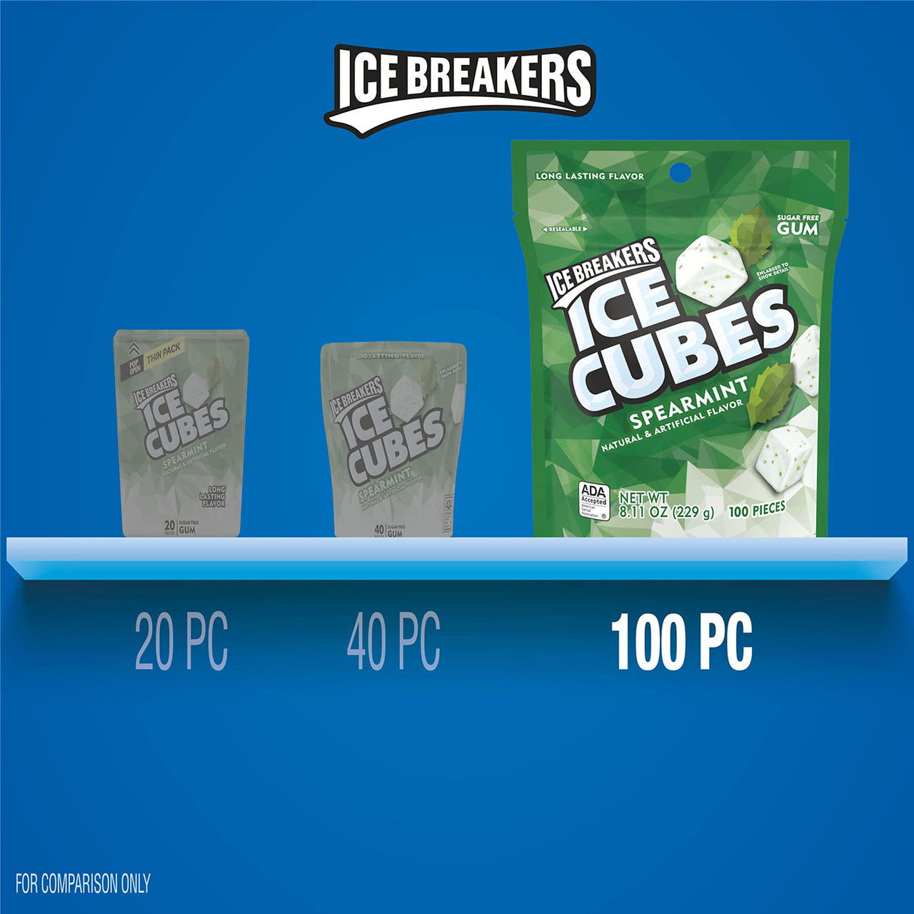ICE BREAKERS ICE CUBES Spearmint With Cooling Crystals, Made with Xylitol Sugar Free Chewing Gum Pouch, 8.11 oz (100 Pieces)