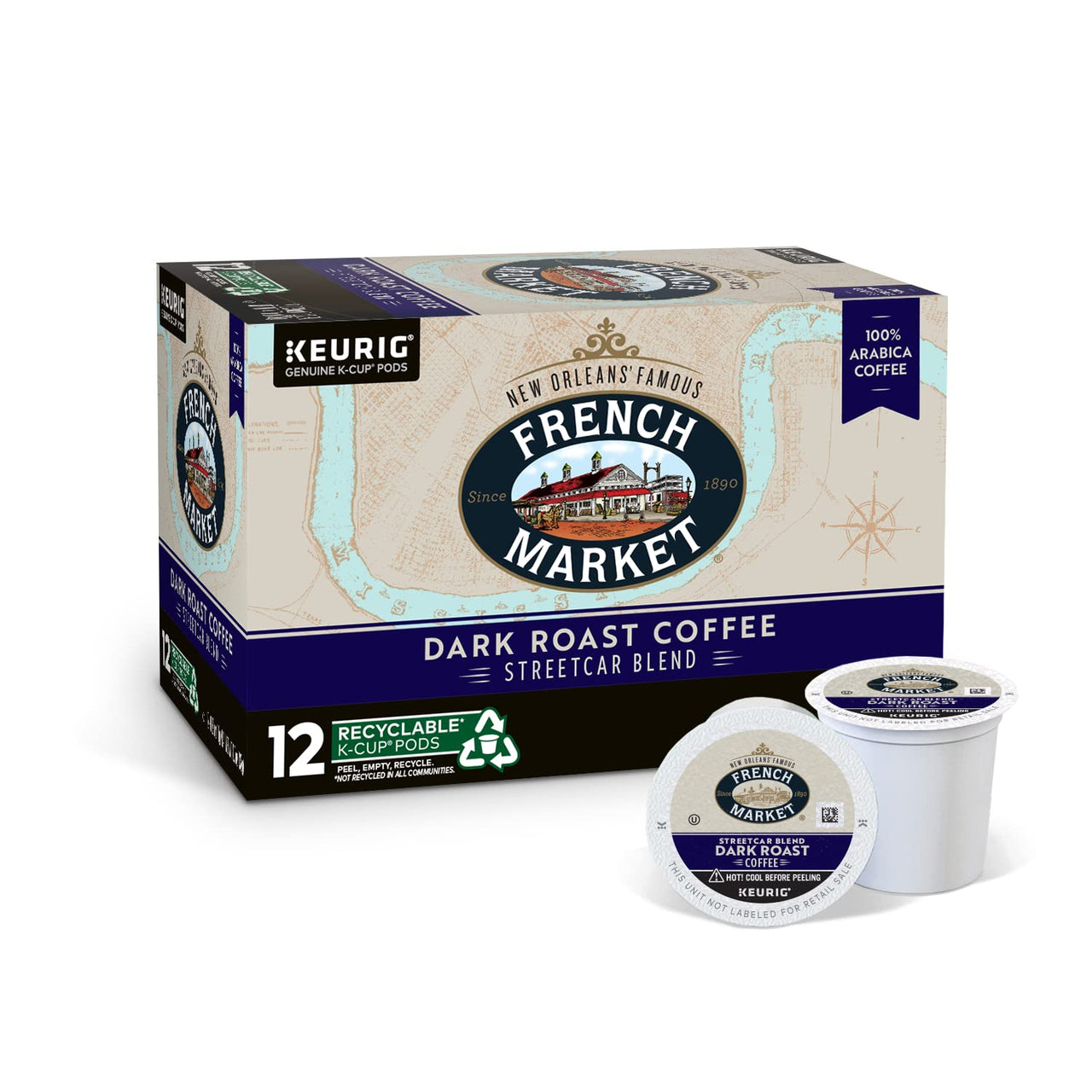 French Market Coffee, St. Charles Blend, Single Serve Coffee K-Cup Pods, Dark Roast, 12 Count