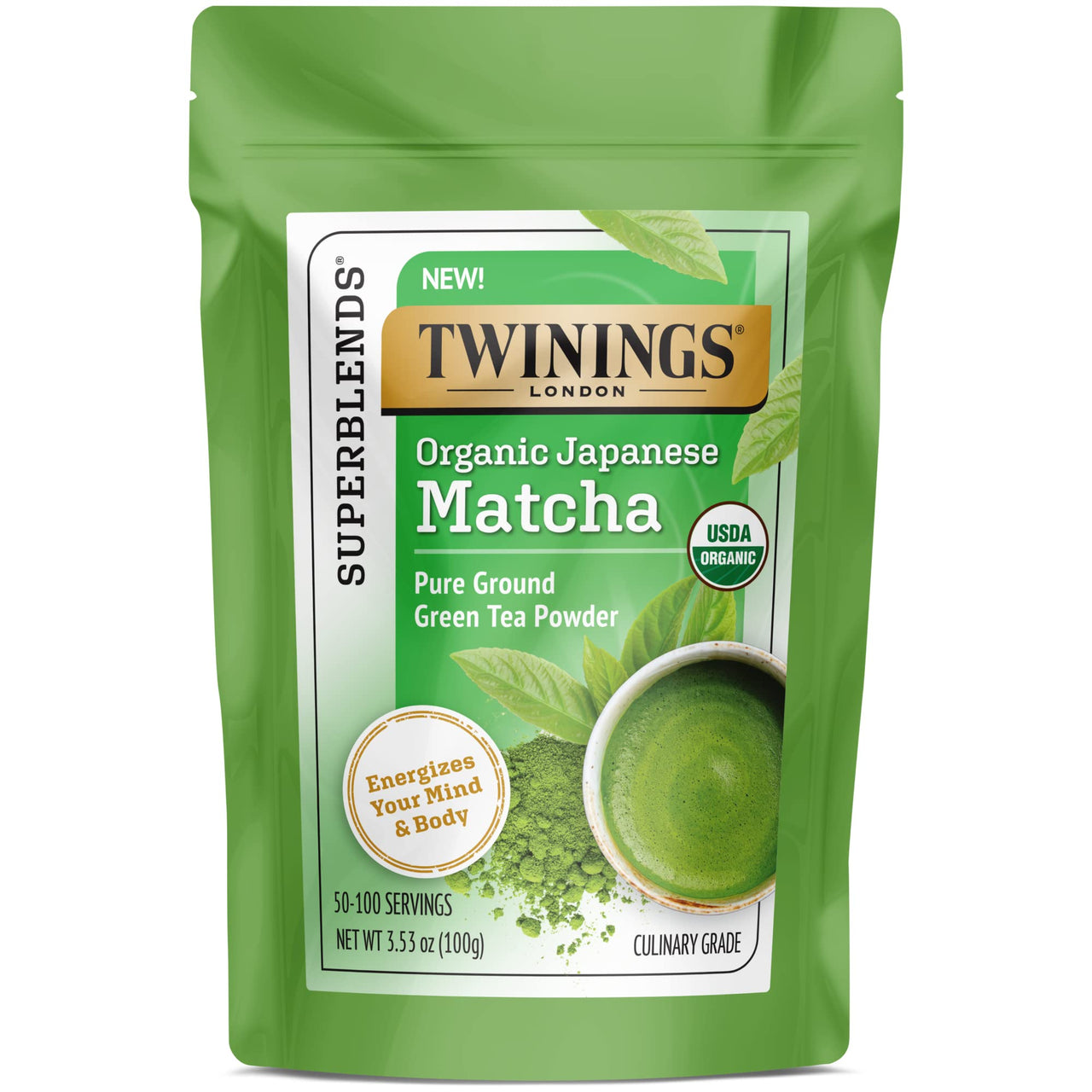 Twinings Organic Japanese Matcha, Pure Ground Green Tea Powder Culinary Grade, 3.53 Ounce/100g Bag