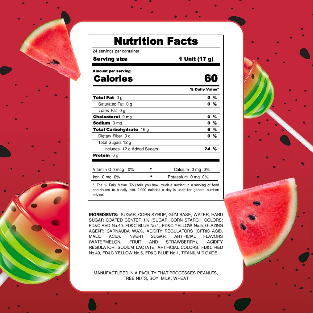 Colombina Bon Bon Bum Lollipops w/Bubble Gum Center - Watermelon Candy Flavor, Pack of Individually 24 Wrapped Gluten Free Pops, Ideal for Party Favors and Gifts, 14.4 oz bag, (24 count)