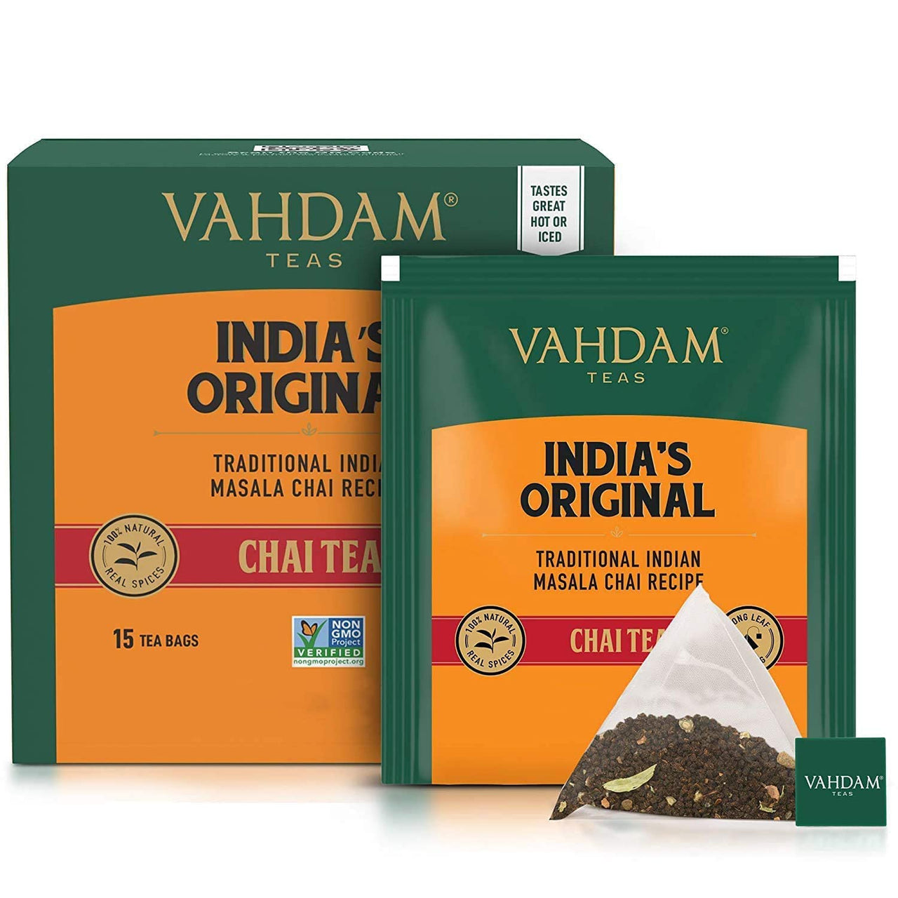 VAHDAM, Organic India's  Original Masala Chai Tea Bags (15 Pyramid Tea Bags) No added flavoring | USDA Organic- Black Tea, Cardamom, Cinnamon, Black Pepper & Clove | Premium Eco-Conscious Tea Bags