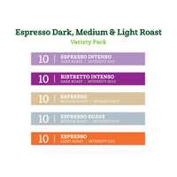 Fresh Espresso Dark, Medium & Light Roast Aluminum Capsules, Variety Pack, Compatible with Nespresso Original Brewers, 50 Count (5 Packs of 10)