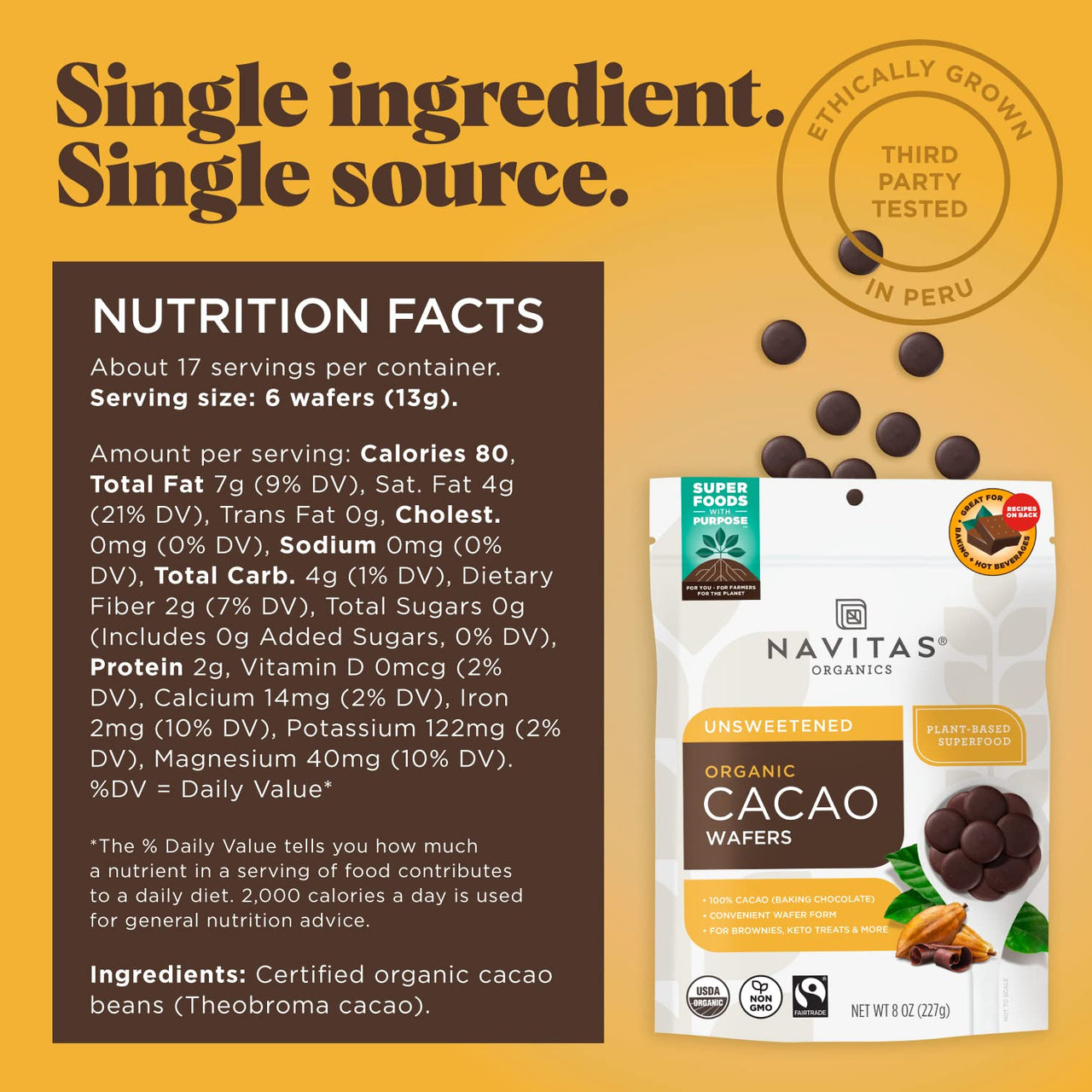 Navitas Organics Cacao Wafers, 8oz, Unsweetened Baking Chocolate  Organic, Non-GMO, Fairtrade, Gluten-Free