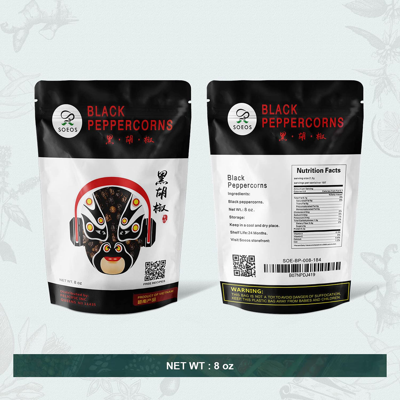Soeos Whole Black Peppercorns, 8 oz, Grade AAA, Black Peppercorns for Grinder Refill, NON-GMO, KOSHER CERTIFIED, Whole black Peppercorns Bulk, 8 oz.