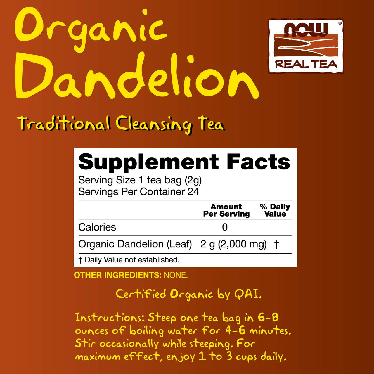 NOW Foods, Certified Organic Dandelion Traditional Cleansing Herbal Tea, Caffeine-Free, Non-GMO, Premium Unbleached Tea Bags with No-Staples Design, 24-Count (Pack of 2)