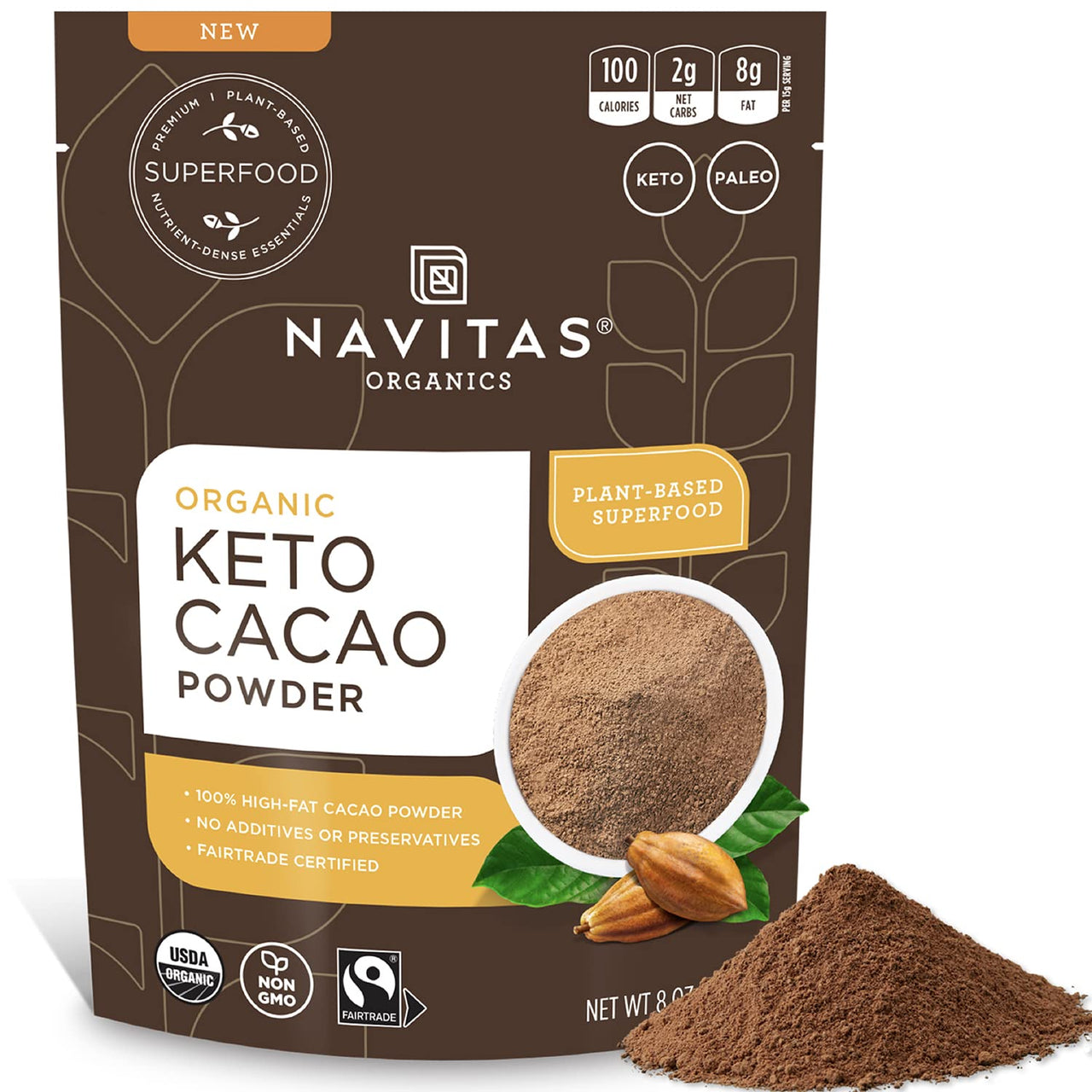 Navitas Organics Keto Cacao Powder, 8 oz. Bag, 15 Servings  Organic, Non-GMO, Fair Trade, High Fat Cacao