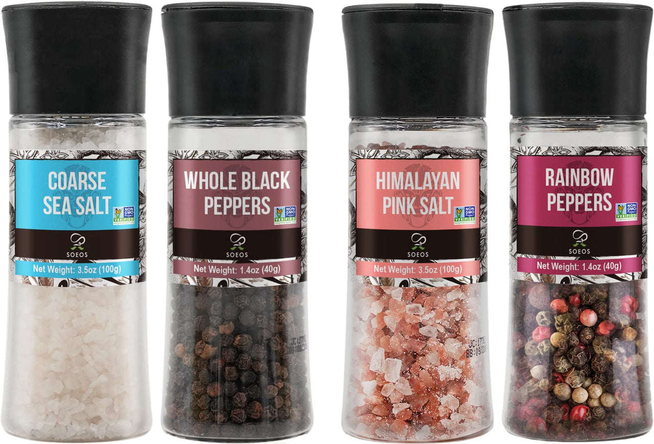 Soeos Black Peppercorns + White Sea Salt + Rainbow Peppercorns + Pink Salt, 9.8oz(277.82g) Spice Total, Plastic Bottle Grinder with Spice Included, Salt and Pepper Set, Grinder Set, Spice Set.