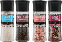Soeos Black Peppercorns + White Sea Salt + Rainbow Peppercorns + Pink Salt, 9.8oz(277.82g) Spice Total, Plastic Bottle Grinder with Spice Included, Salt and Pepper Set, Grinder Set, Spice Set.