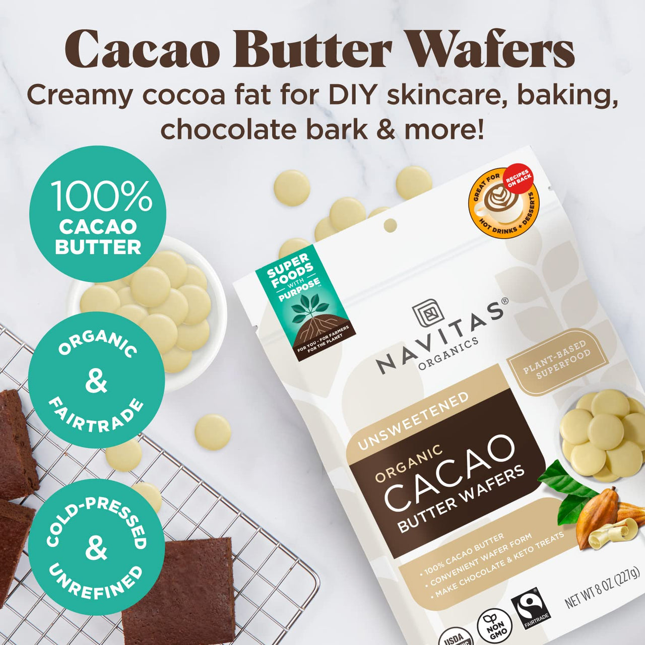 Navitas Organics Cacao Butter Wafers, 8oz  Organic, Non-GMO, Fairtrade, Gluten-Free