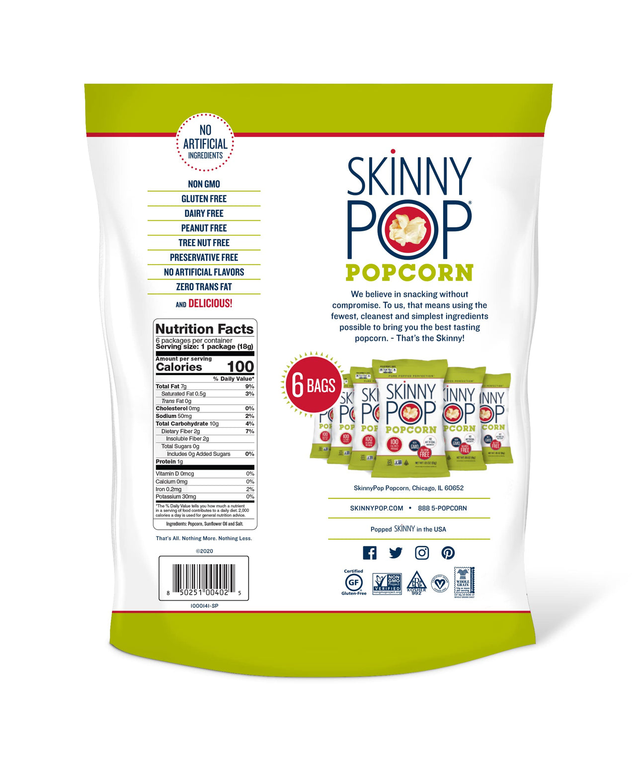 Skinny Pop Original Popcorn Snack Packs, 0.65 Oz, 6 Ct