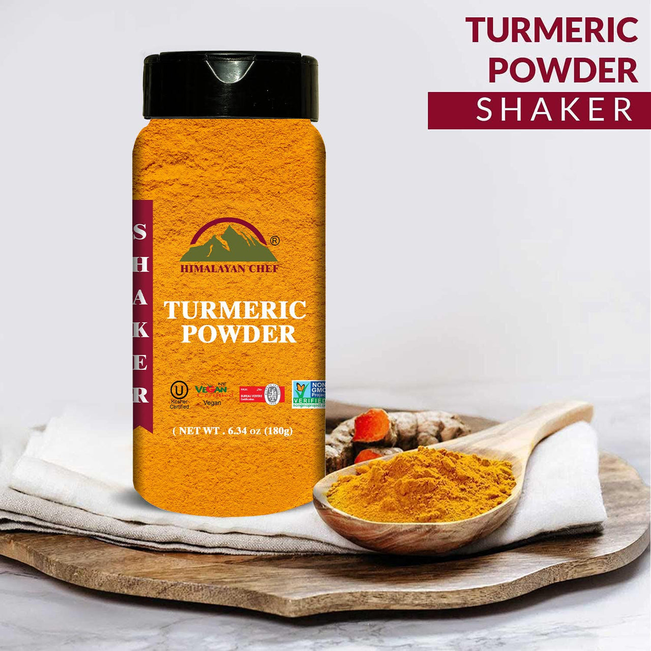 Himalayan Chef Organic Turmeric Powder, 6.34 oz Premium Quality Root Powder with Curcumin, Gluten Free & Non-GMO Verified - Plastic Shaker