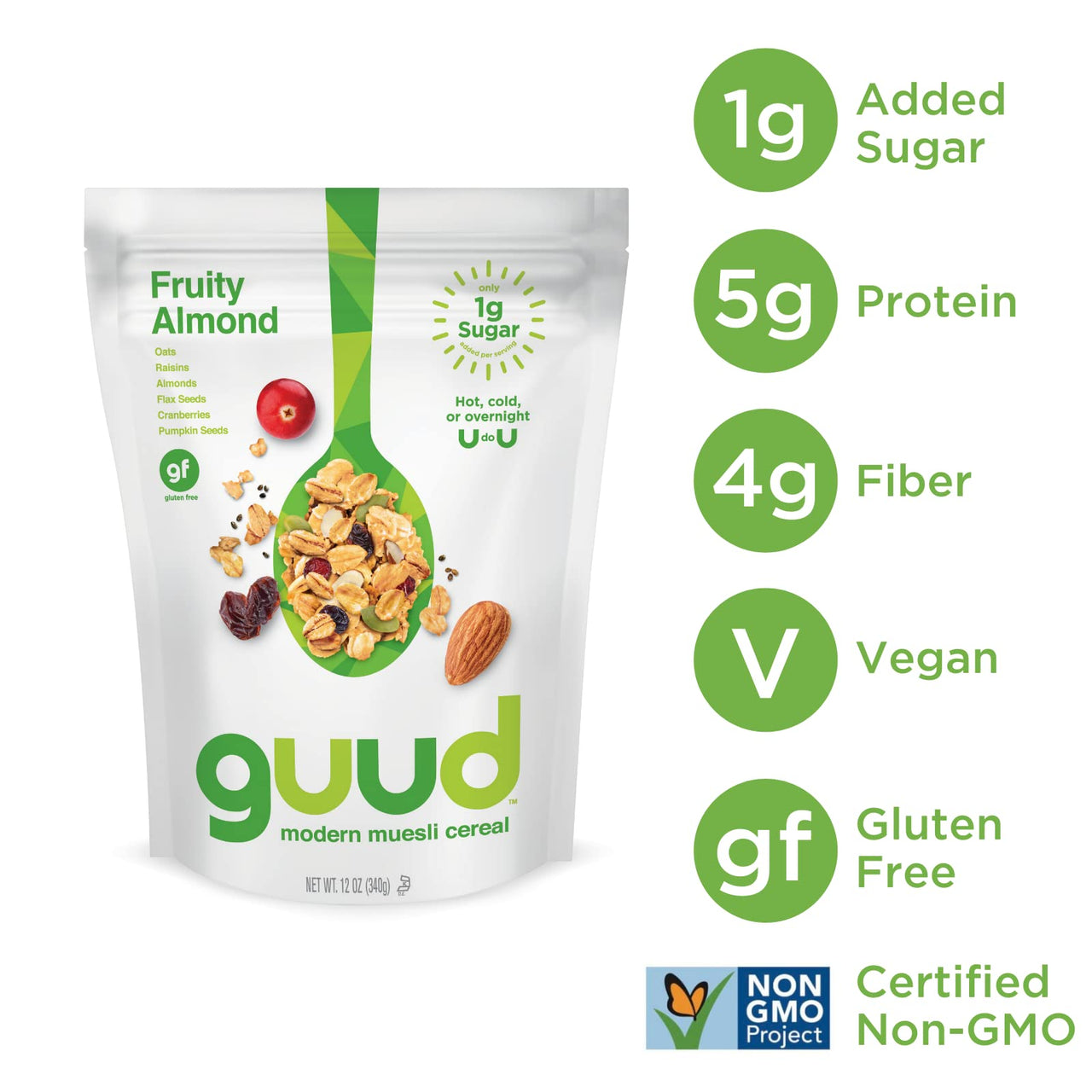 GUUD Fruity Almond Muesli Cereal, 12 Ounce, Gluten Free, Oats, Raisins, Almonds, Cranberries, Flax Seeds, Pumpkin Seeds, Vegan, Non-GMO Certified, Kosher