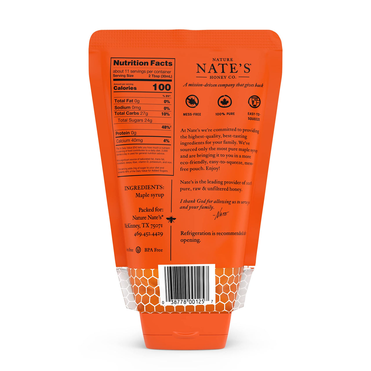 Nate's  100% Pure Maple Syrup - 10.75 oz Sustainable Pouch - 100% Real Maple Syrup with No Additives - All-Natural Topping for Waffles and Pancakes - Non-GMO Maple Syrup