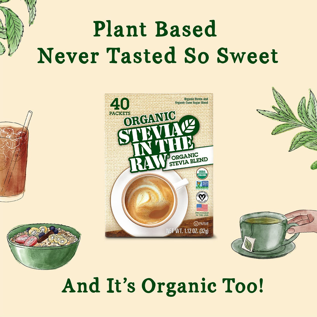 Organic Stevia In The Raw, Plant Based Zero Calorie Natural Sweetener, No Erythritol, Sugar Substitute, Sweetener for Coffee, Hot & Cold Drinks, Non-GMO, Vegan, Gluten-Free, 40 Count Packets (6 Pack)