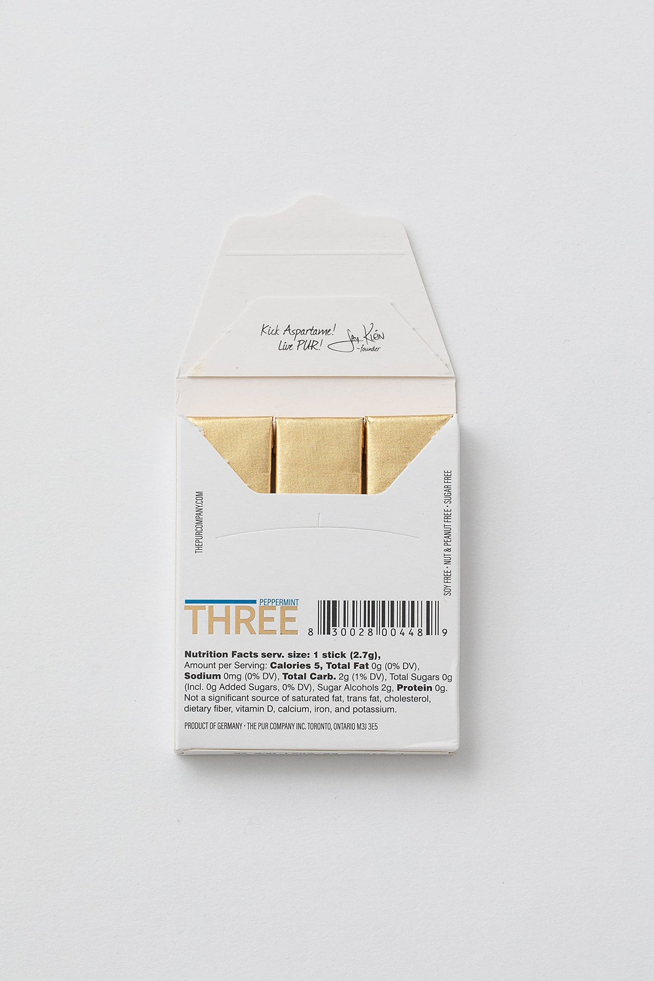 PUR THREE | Sugar Free Chewing Gum | 100% Xylitol | Vegan, Aspartame Free, Gluten Free & Keto Friendly | Natural Peppermint Flavored Gum, 12 Pieces (Pack of 10)