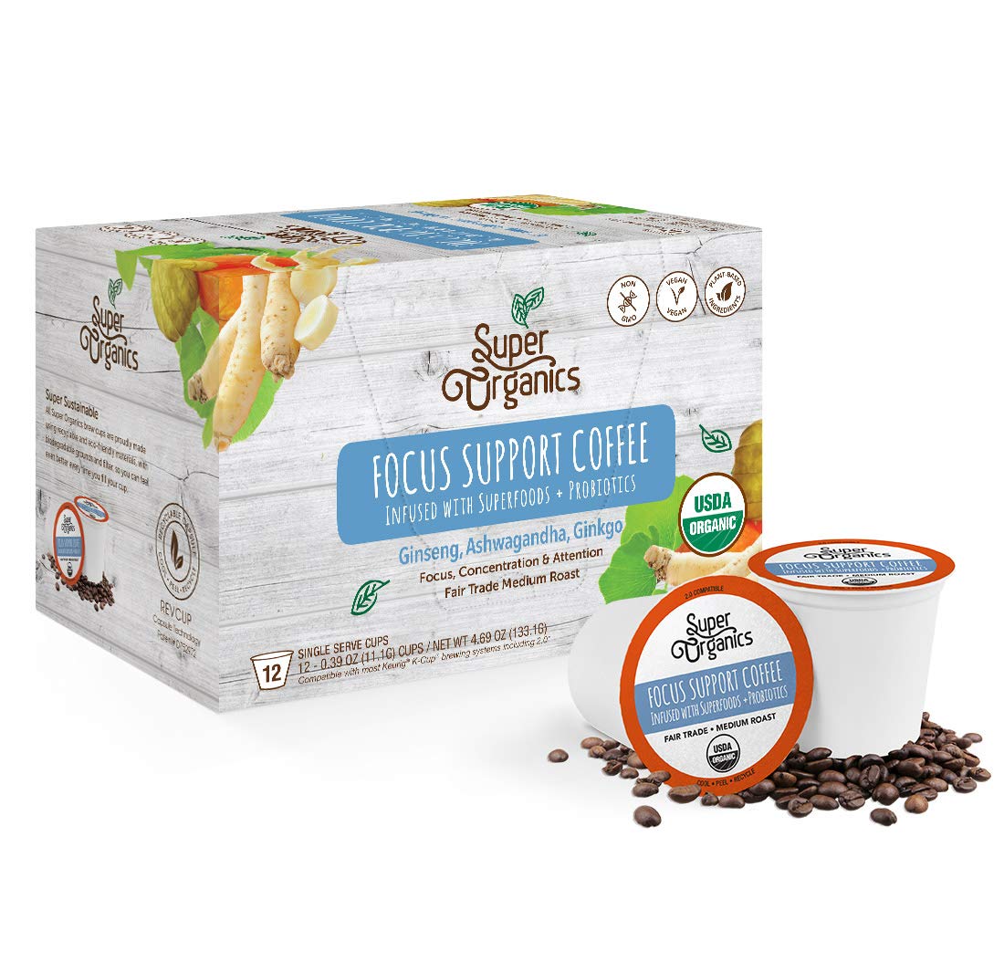 Super Organics Focus Support Coffee Brew Cups With Superfoods & Probiotics, Keurig K-Cup Compatible, Adaptogens, Medium Roast, USDA Certified, Vegan, Non-GMO, 12 Count