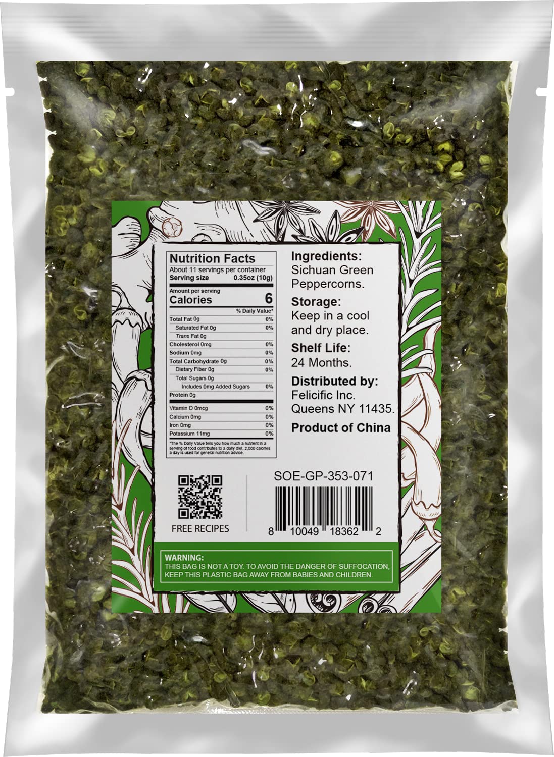 Soeos Authentic Sichuan Grade A Green Sichuan Peppercorns, Less Seeds, Strong Flavor, 4 oz.