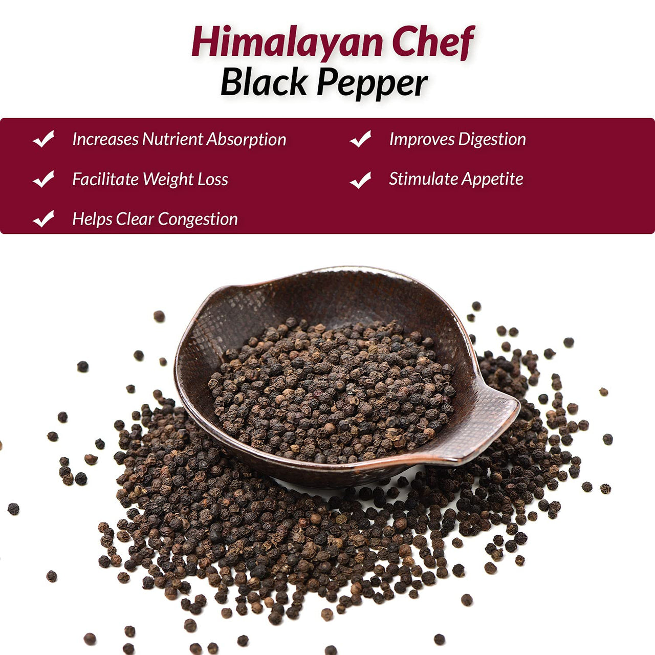 Himalayan Chef Whole Black Peppercorns, Square Plastic Grinder-6.17oz