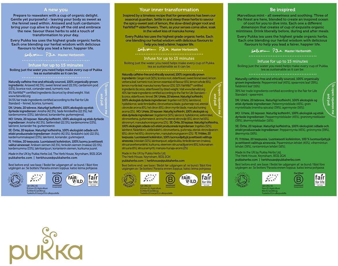 Pukka Organic Tea Bags, Digestion Organic Tea Bundle Herbal Tea with Three Mint, Three Ginger & Detox, 20 Count (Pack of 3)