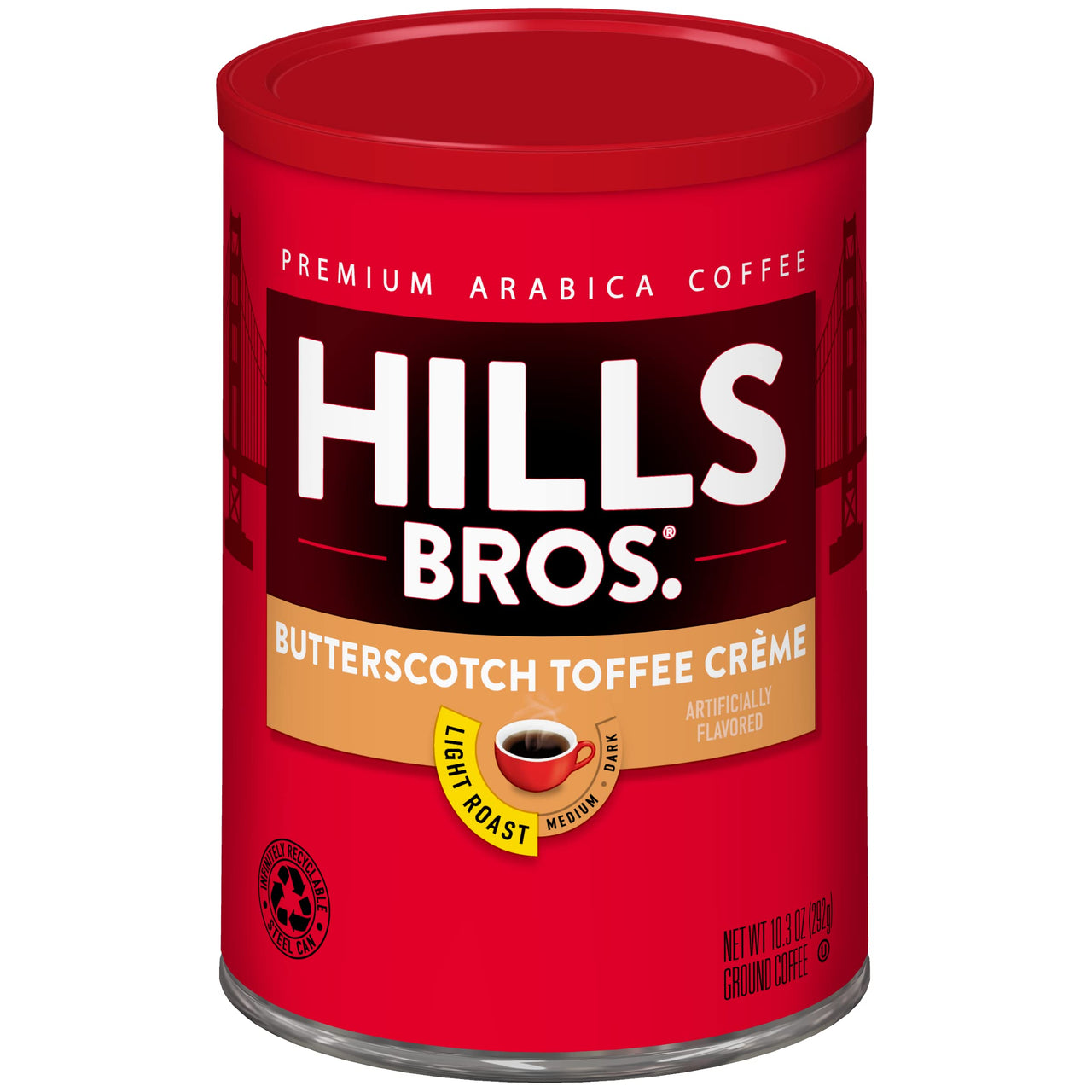Hills Bros Butterscotch Toffee Crme Ground Coffee, Light Roast - 10.3 Oz. Can - Arabica Coffee Beans  Sweet, Butterscotch Flavor with Notes of Molasses