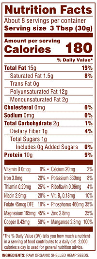 Nutiva Organic Raw Shelled Hemp Seed, USDA, Non-GMO, Non-BPA, Whole 30 Approved, Vegan, Gluten-Free & Keto, 10g Protein and 12g Omegas per Serving for Salads, Smoothies & More, Nutty flavor, 8 Ounce