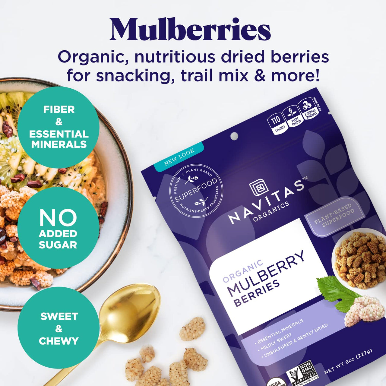 Navitas Organics Mulberries, 8 oz. Bag, 8 Servings  Organic, Non-GMO, Sun-Dried, Gluten-Free, Sulfite-Free (Pack of 1)