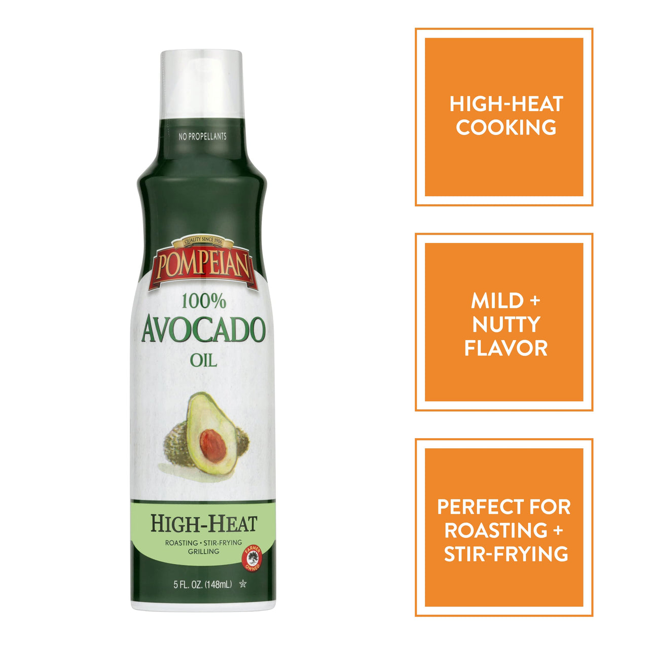 Pompeian 100% Avocado Oil Cooking Spray, Mildly Nutty Flavor, Perfect for High-Heat Cooking, Roasting and Stir-Frying, Naturally Gluten Free, Non-Allergenic, Non-GMO, No Propellant, 5 FL. OZ.
