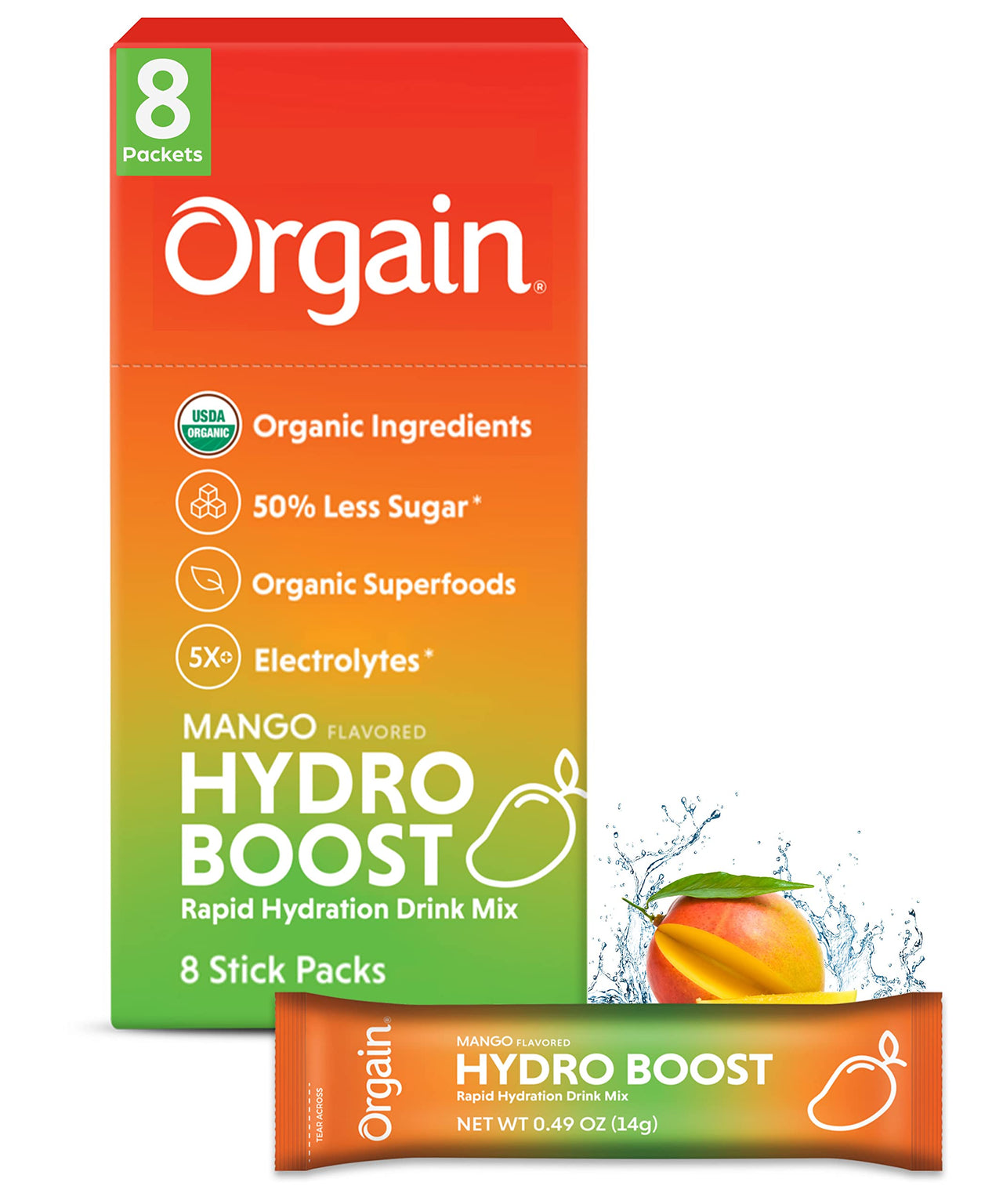 Organic Rapid Hydration Packets by Orgain, Mango Hydro Boost - Packed with Electrolytes & Superfoods, Less Sugar, Gluten Free, Vegan, No Soy Ingredients or Artificial Flavors, Non-GMO (Pack of 8)
