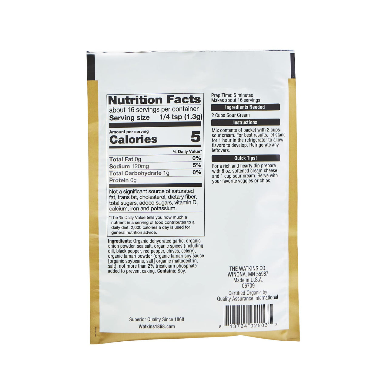 Watkins Organic Gourmet Dip Mix, Garlic & Dill, 0.74 oz. Packets, 12-Pack