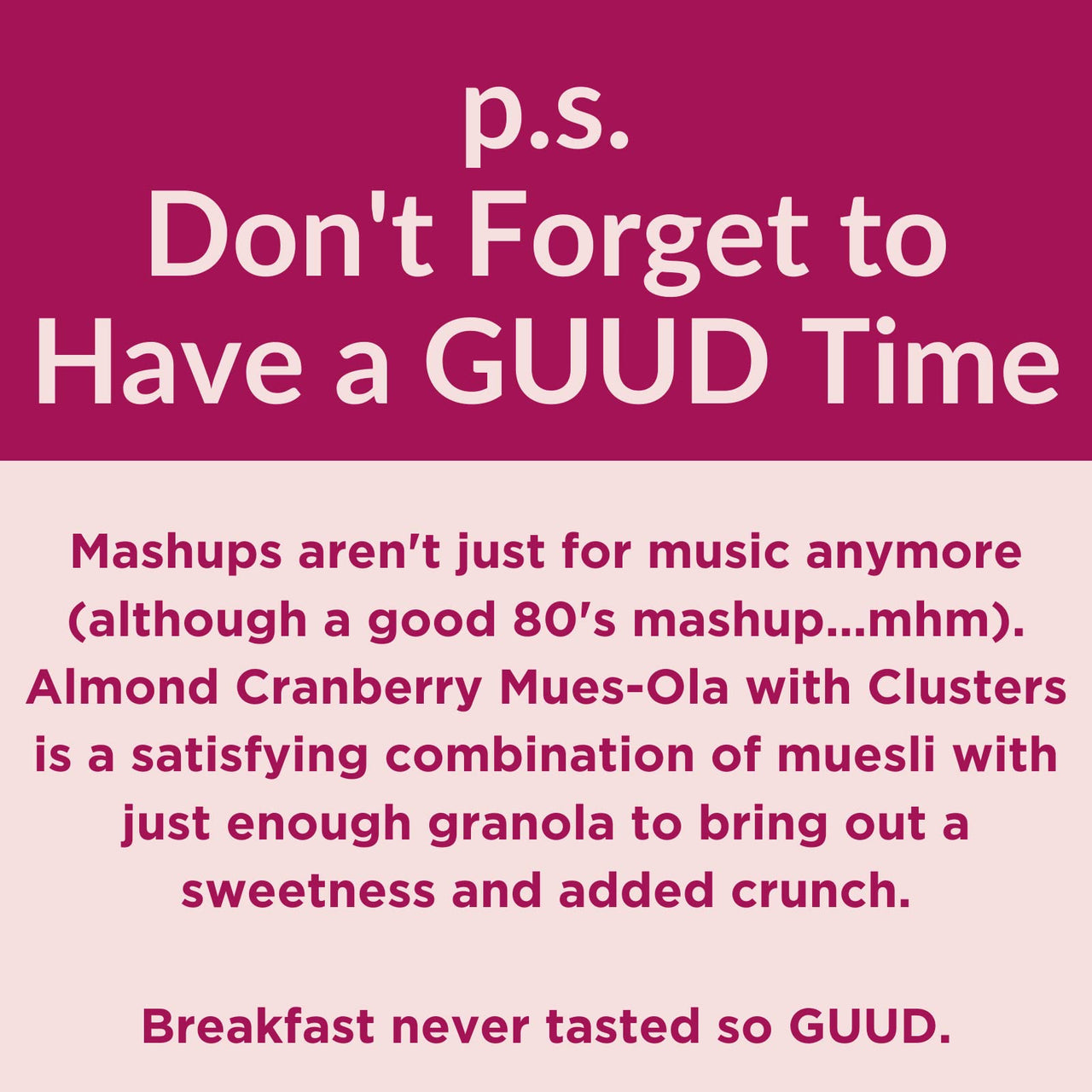 GUUD Almond Cranberry Muesola Cereal, 12 Ounce, Slightly Sweet Muesli, Gluten Free, Oats, Granola Clusters, Raisins, Almonds, Cranberries, Pumpkin Seeds, Vegan, Non-GMO Certified, Kosher