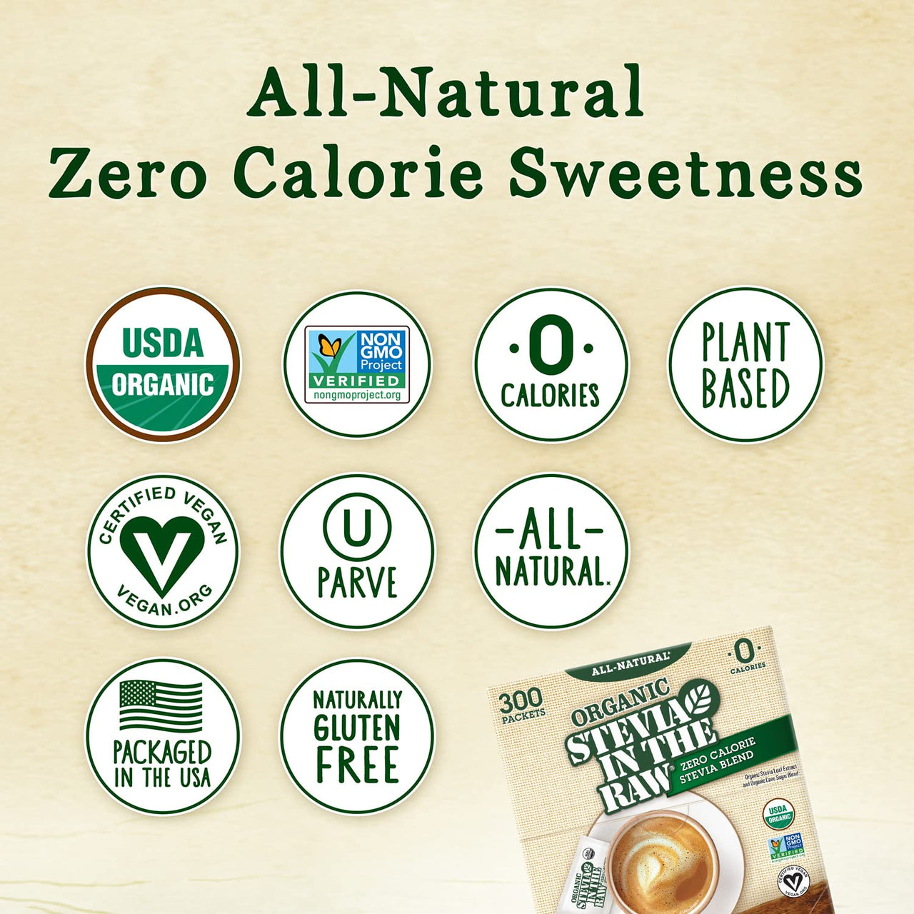 Organic Stevia In The Raw, Plant Based Zero Calorie Natural Sweetener, No Added Flavors or erythritol, Sugar Substitute, Sweetener for Coffee, Hot & Cold Drinks, Non-GMO, Vegan, Gluten-Free, 300 Count Packets (Pack of 1)