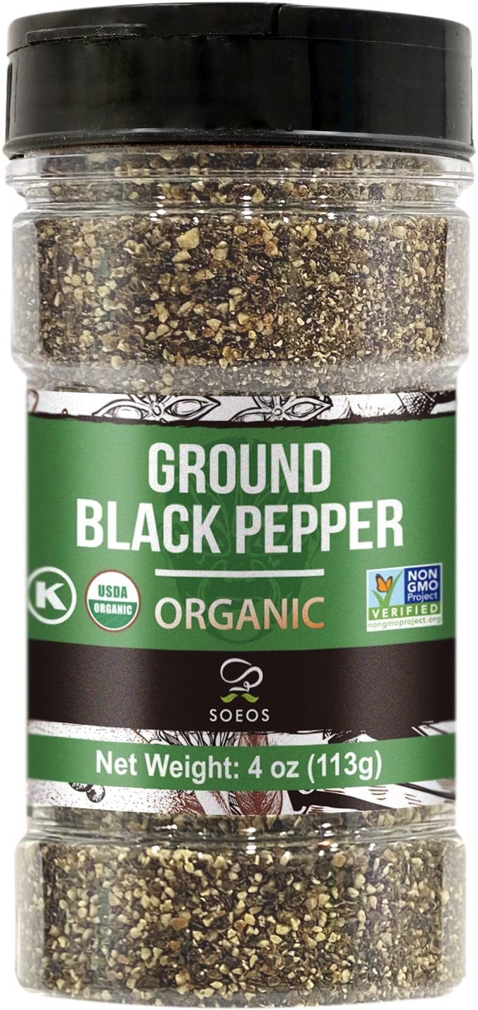Soeos Organic Black Pepper Ground, Non-GMO, Freshly Peppercorn Powder Bulk, Packed to Keep Peppers Fresh, Ready to Use Peppercorns for Refill, 4 oz (113g), Organic Ground Black Peppe