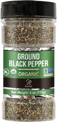 Soeos Organic Black Pepper Ground, Non-GMO, Freshly Peppercorn Powder Bulk, Packed to Keep Peppers Fresh, Ready to Use Peppercorns for Refill, 4 oz (113g), Organic Ground Black Peppe