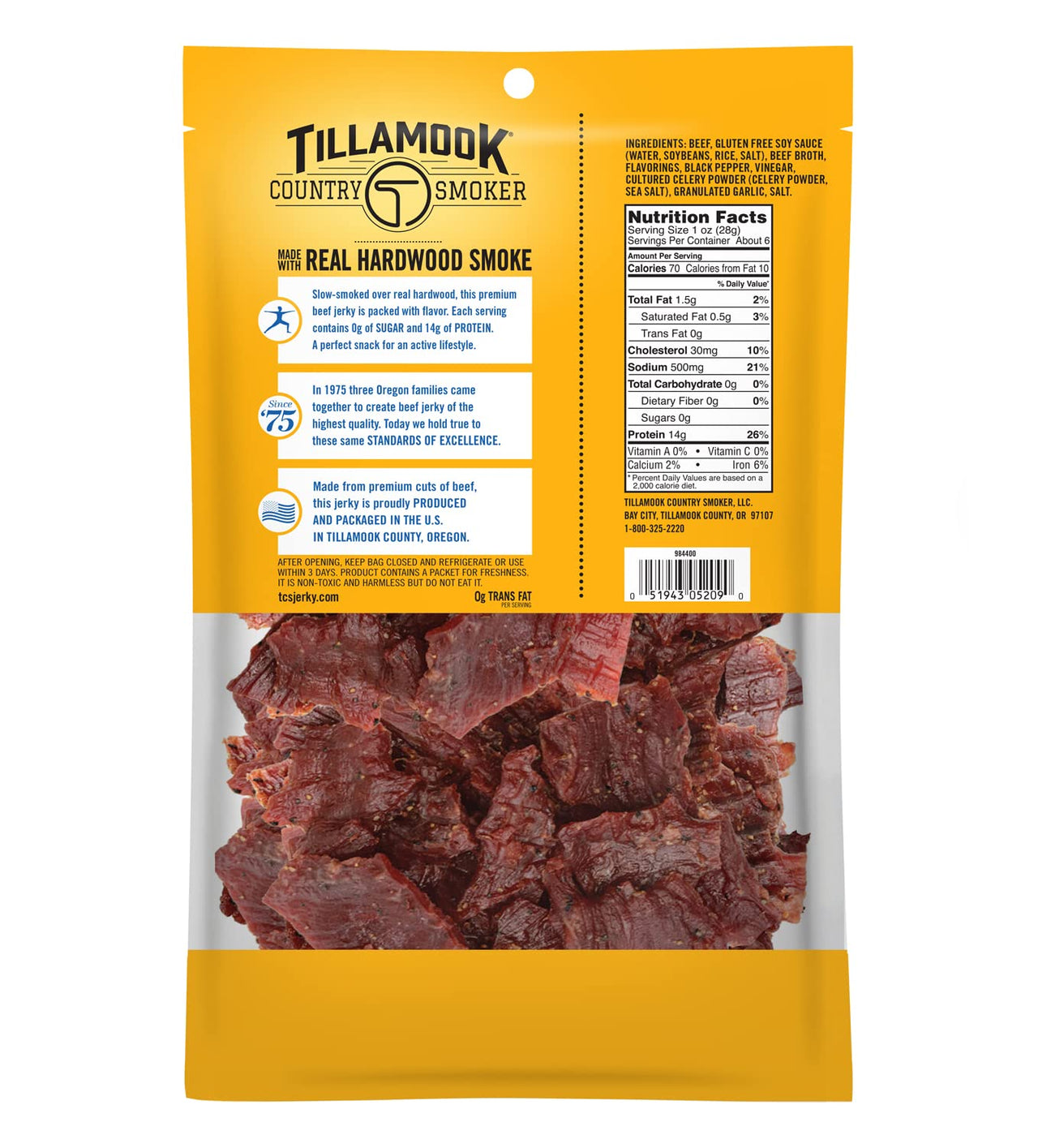Tillamook Country Smoker Keto Friendly Zero Sugar Beef Jerky, Teriyaki, 6.5 Ounce